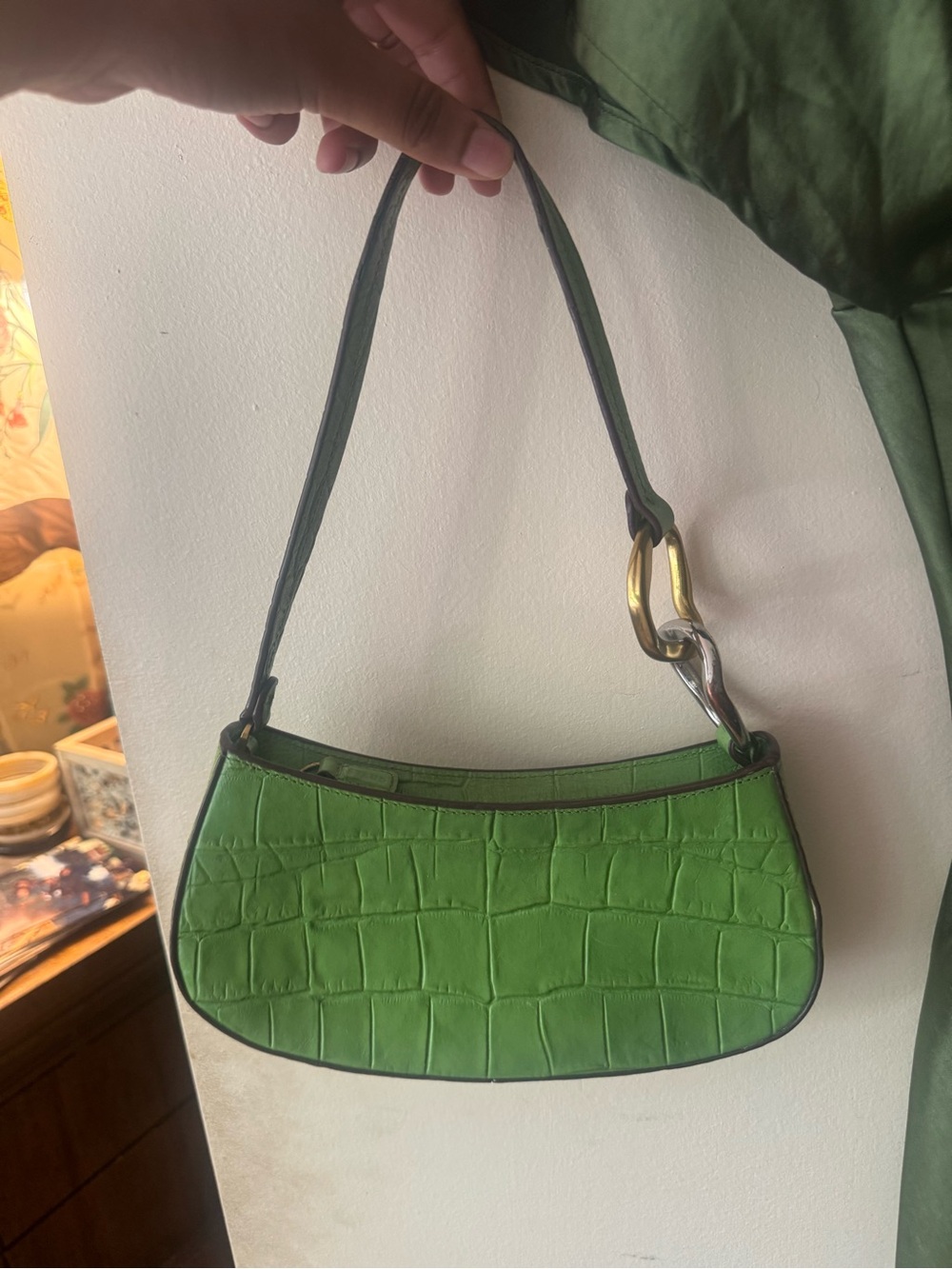 STAUD Green Croc-Embossed Mini Shoulder Bag